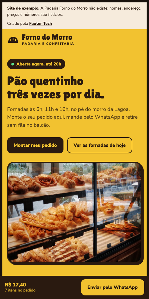 Tela de celular do site Padaria Forno do Morro
